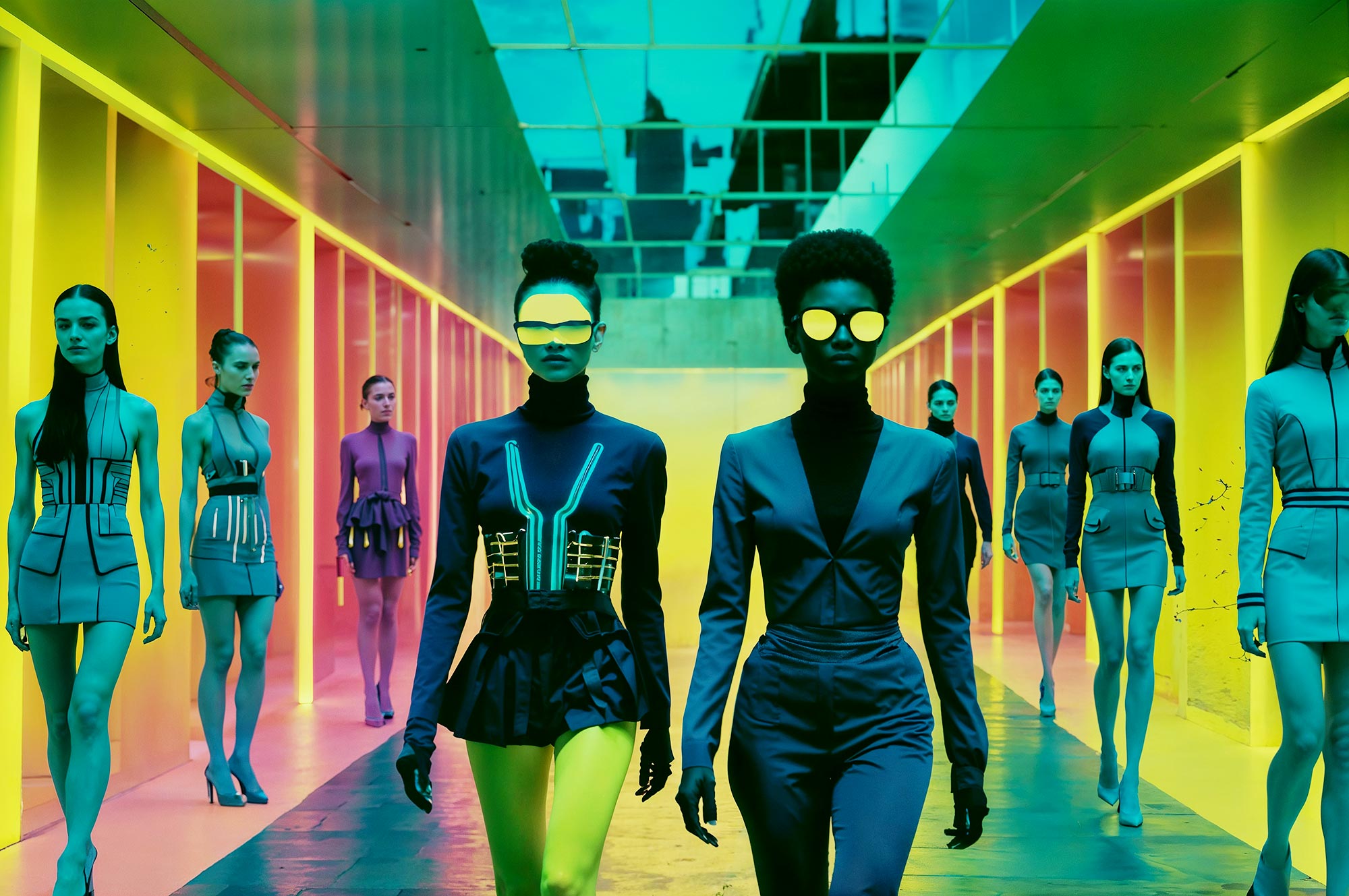 Models in futuristic attire with bright neon lighting, confidently walking down a vibrant corridor.