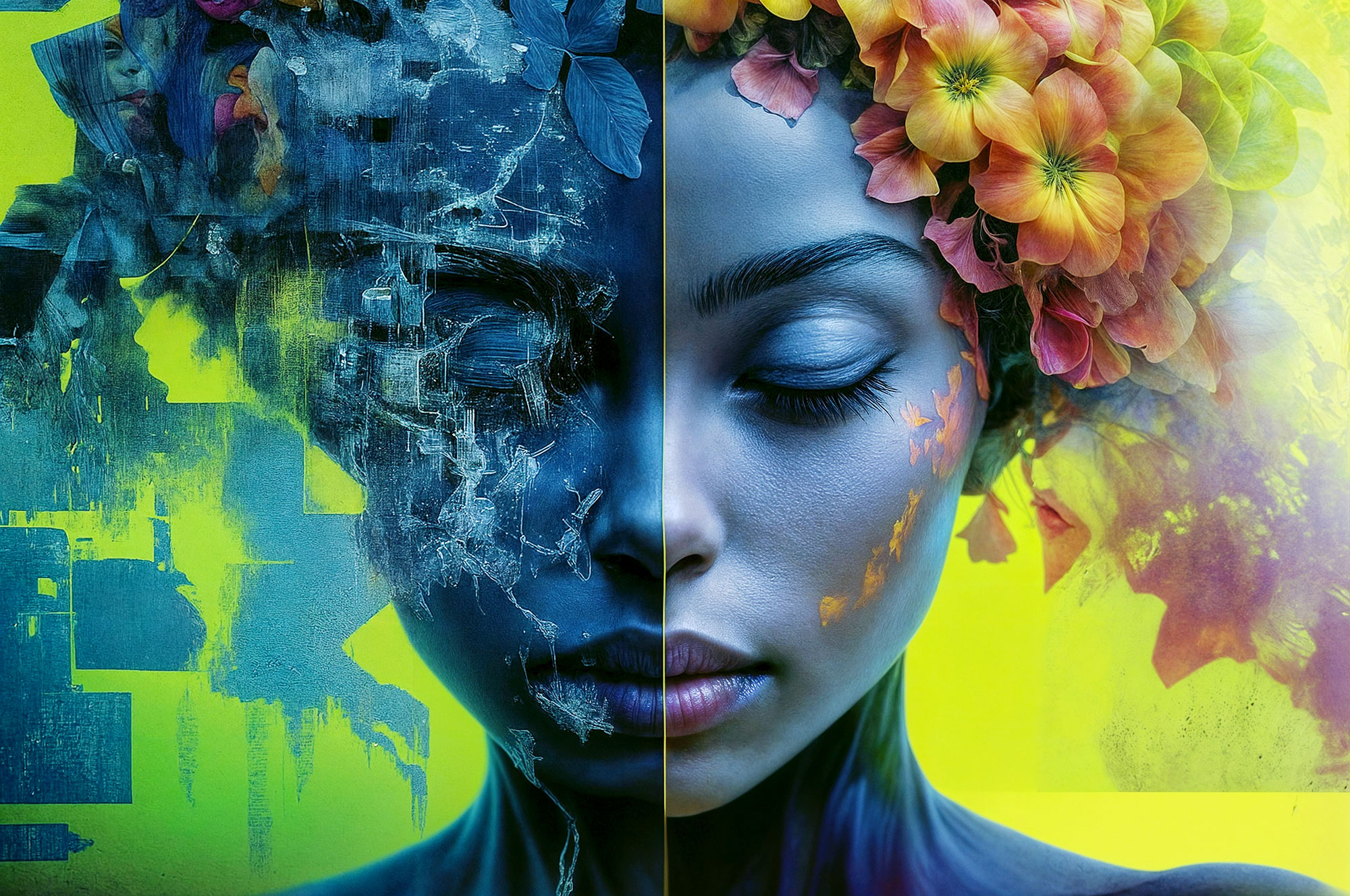 A captivating split-image artwork showcasing the duality of technology and nature. On the left, a dark, fragmented digital visage symbolizes the impact of technology, while the right side displays a serene, organic face adorned with vibrant flowers, representing nature and humanity.