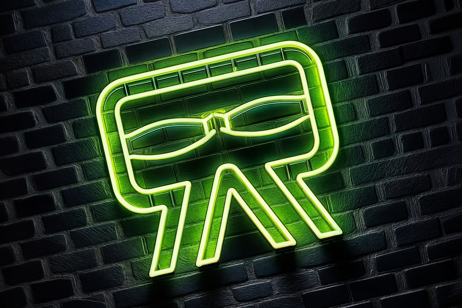 Neon logo of DVXR against a dark brick wall.