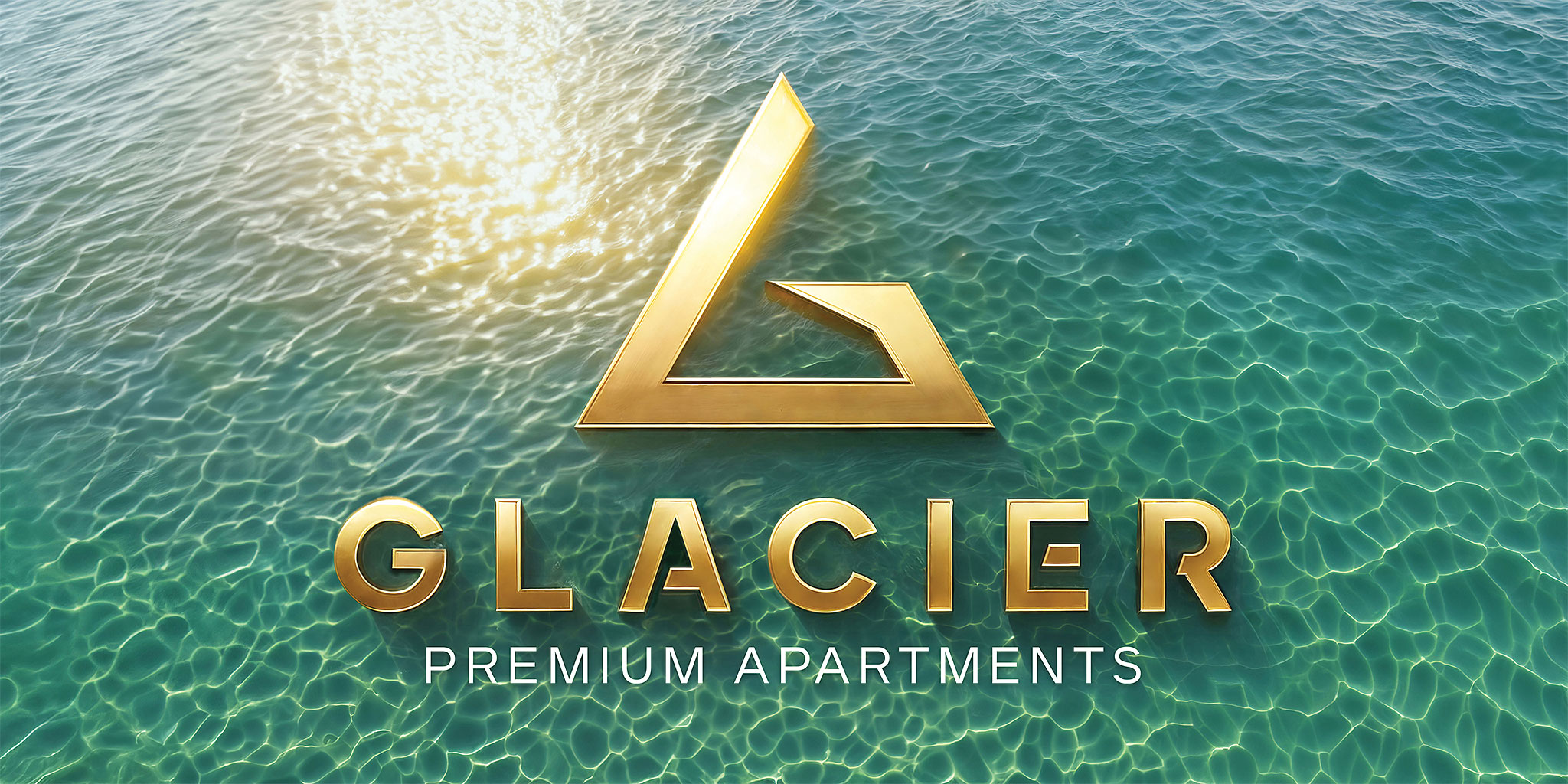 Glacier Premium Apartments — summer lakeside view with crystal-clear water and golden logo against shimmering sunlight.