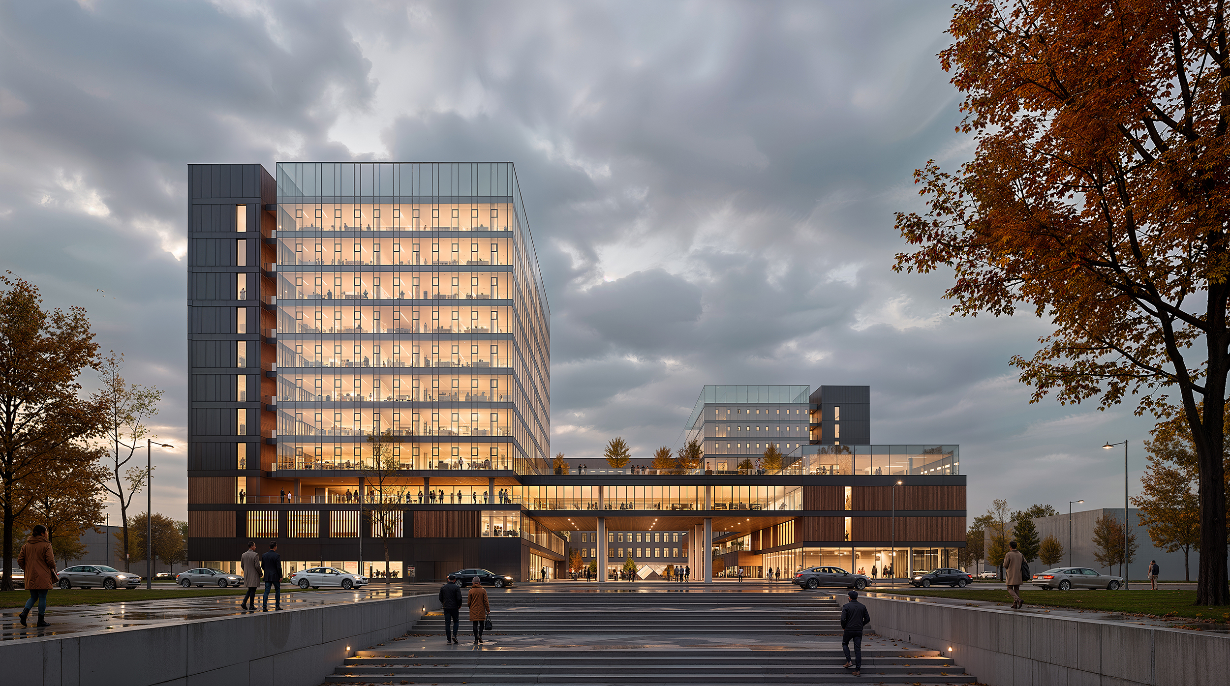 Commercial office architectural visualization showing a modern glass office complex with illuminated interiors and urban plaza at sunset.