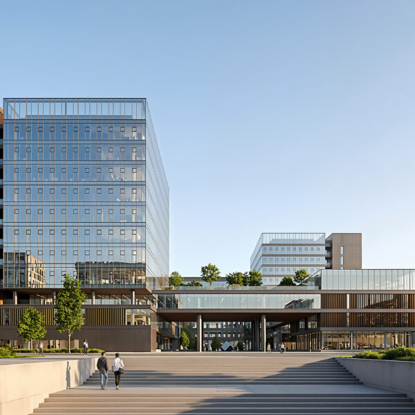 Modern office building architectural visualization with glass facade, urban plaza, and contemporary commercial architecture.