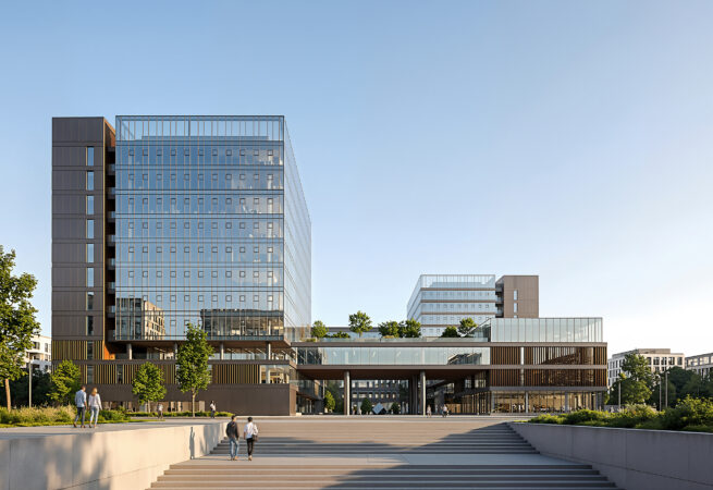 Modern office building architectural visualization with glass facade, urban plaza, and contemporary commercial architecture.