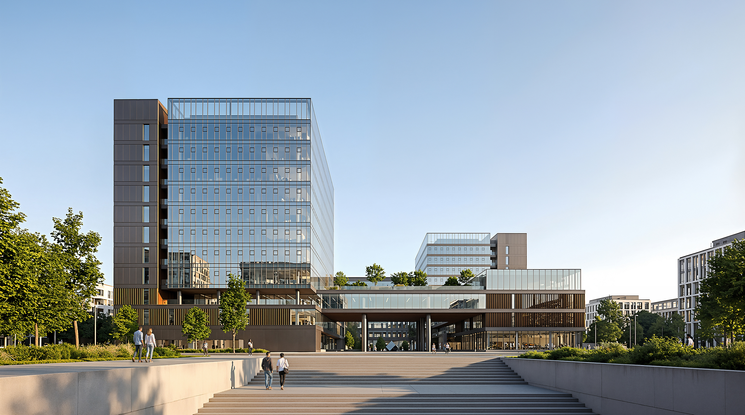 Modern office building architectural visualization with glass facade, urban plaza, and contemporary commercial architecture.