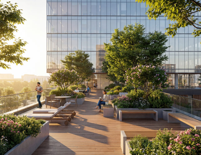 Rooftop terrace architectural visualization in a modern office building with greenery and relaxation areas.