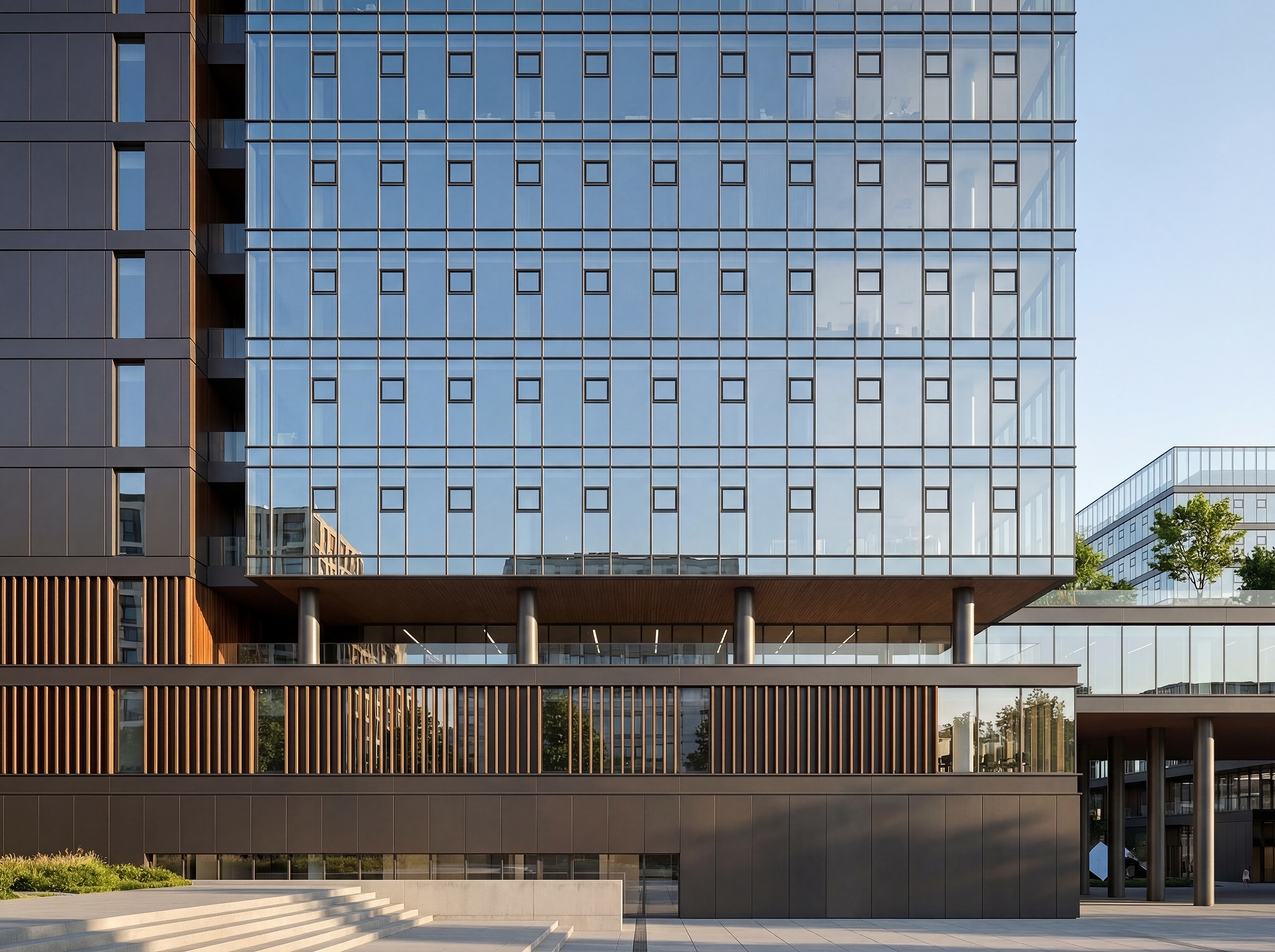 Modern office building facade architectural visualization with glass curtain wall and structural grid.