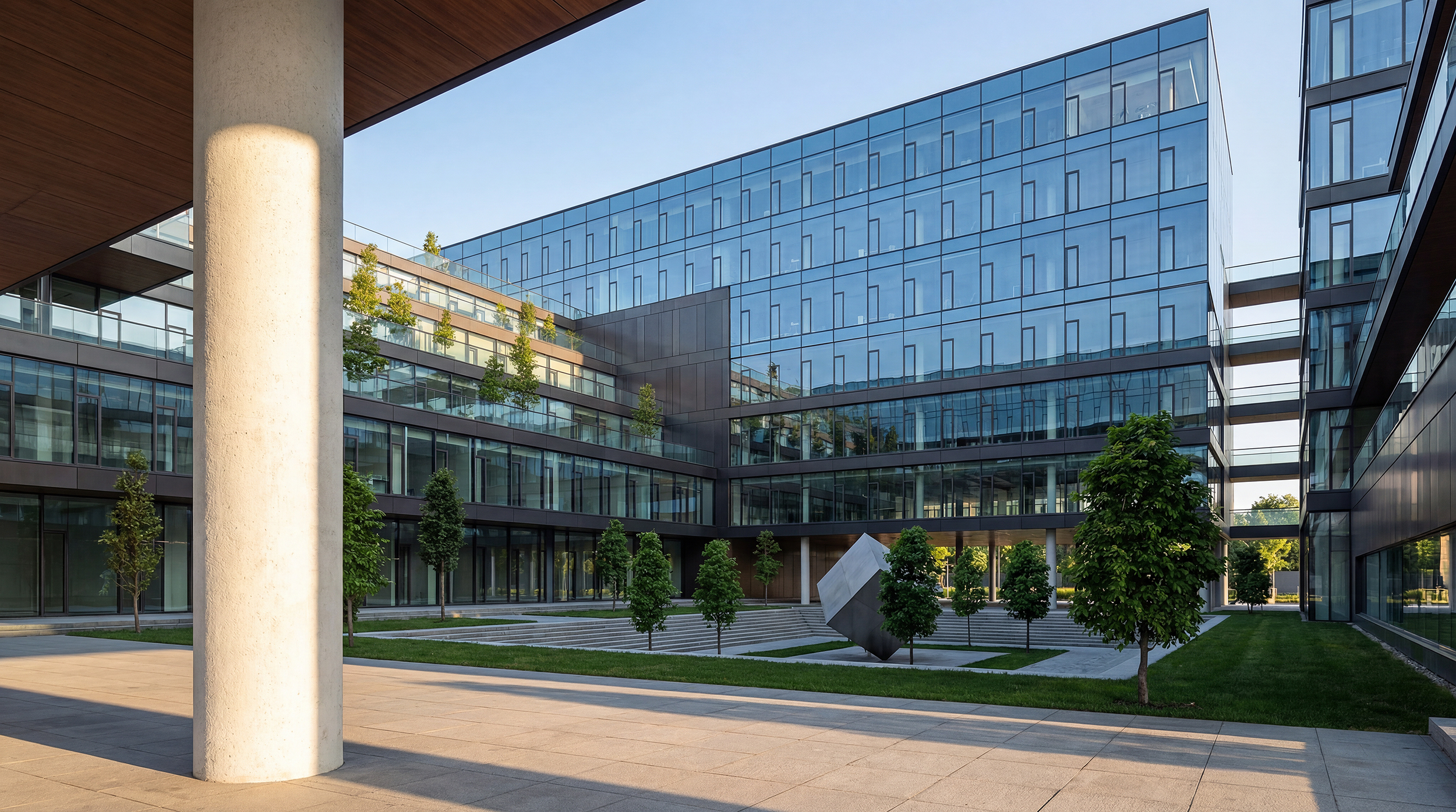 Office complex courtyard architectural visualization with modern glass buildings and landscaped public space.