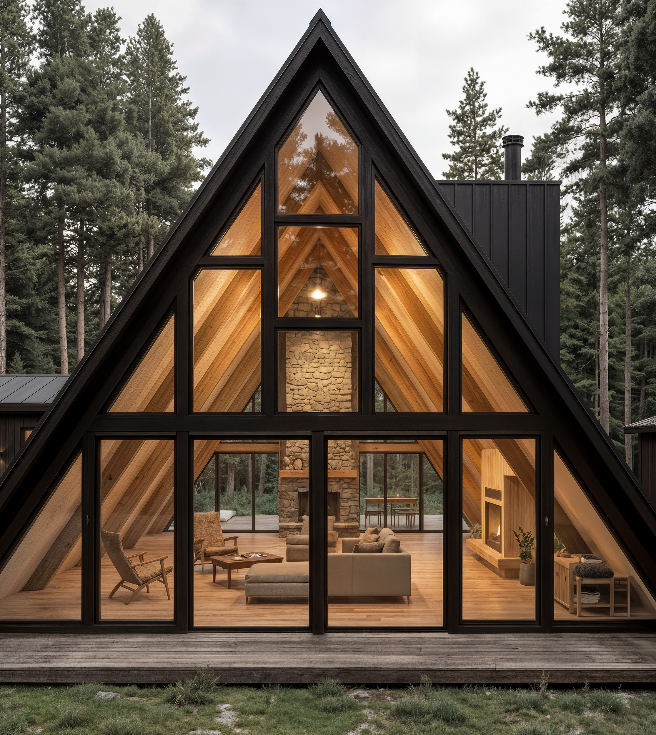Scandinavian A-frame forest house architectural visualization with large panoramic windows and warm interior lighting