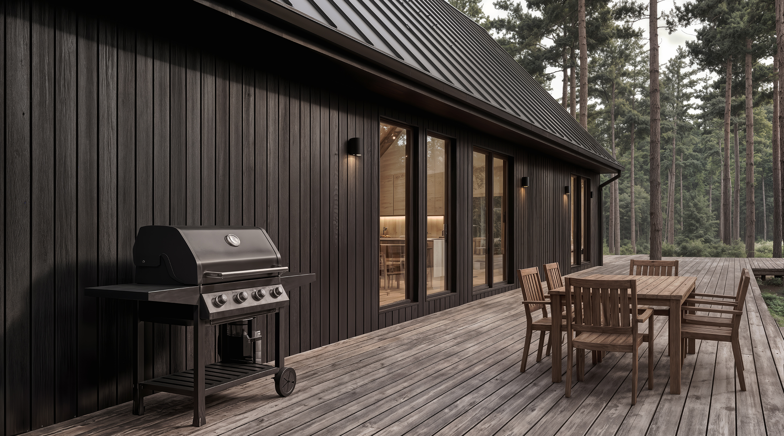 Modern Scandinavian forest house terrace with wooden deck outdoor dining and grill architectural visualization