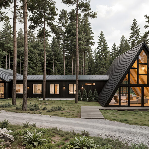Scandinavian A-frame cabin complex in pine forest architectural visualization modern Nordic house