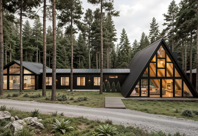 Scandinavian A-frame cabin complex in pine forest architectural visualization modern Nordic house