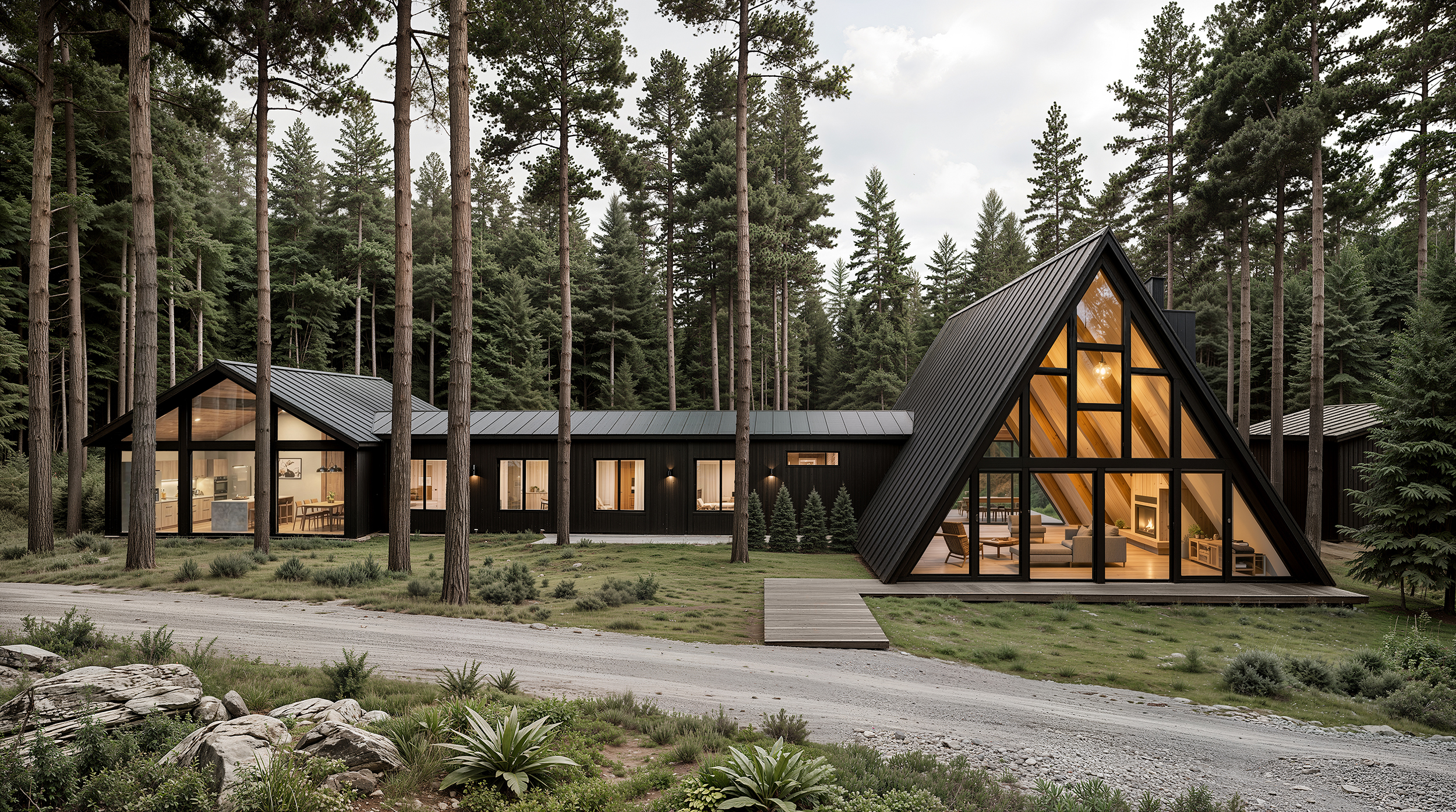 Scandinavian A-frame cabin complex in pine forest architectural visualization modern Nordic house
