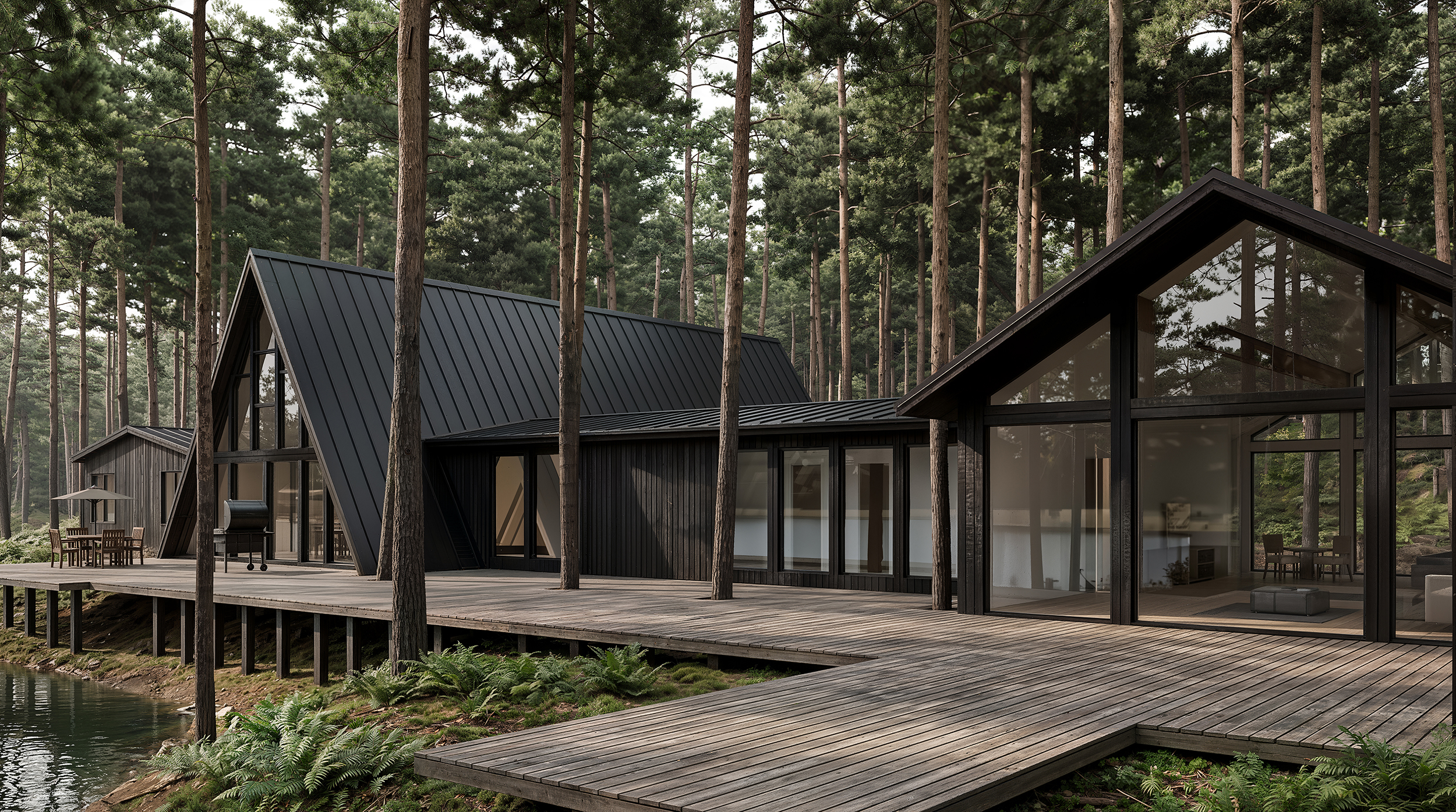 Modern black wood Scandinavian house near lake with wooden deck architectural visualization