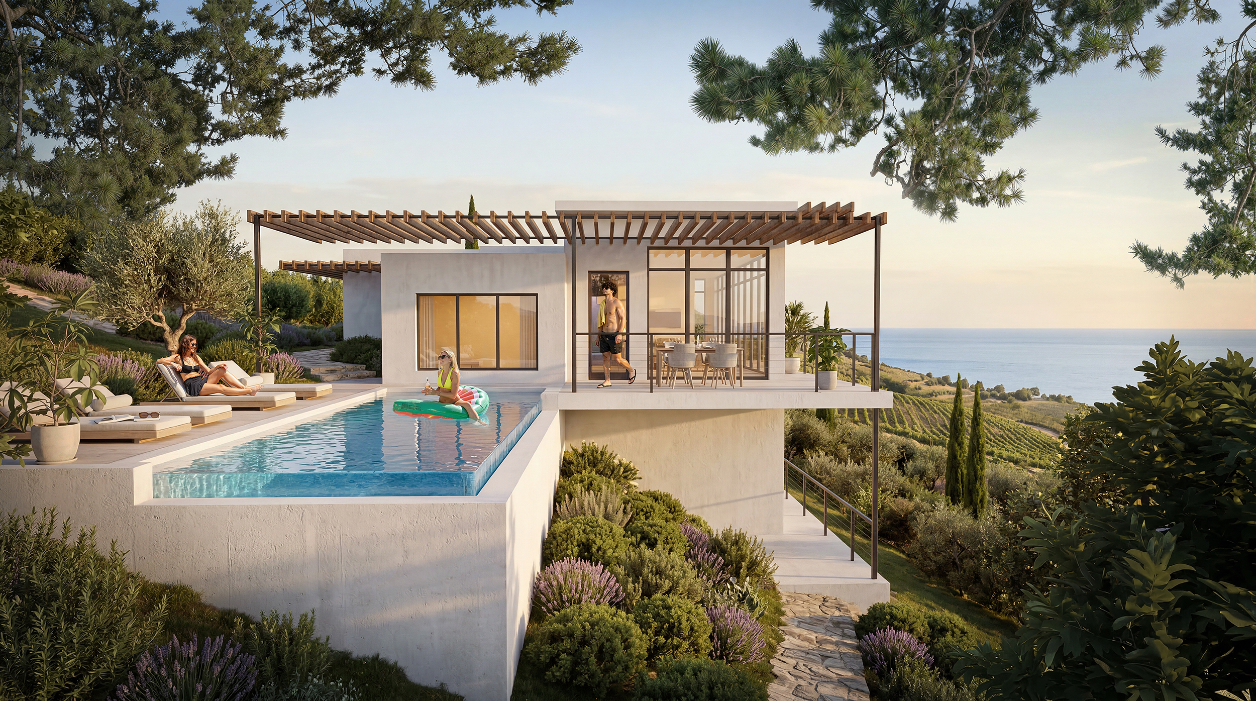 Mediterranean vineyard villa architectural visualization with infinity pool overlooking vineyards and sea