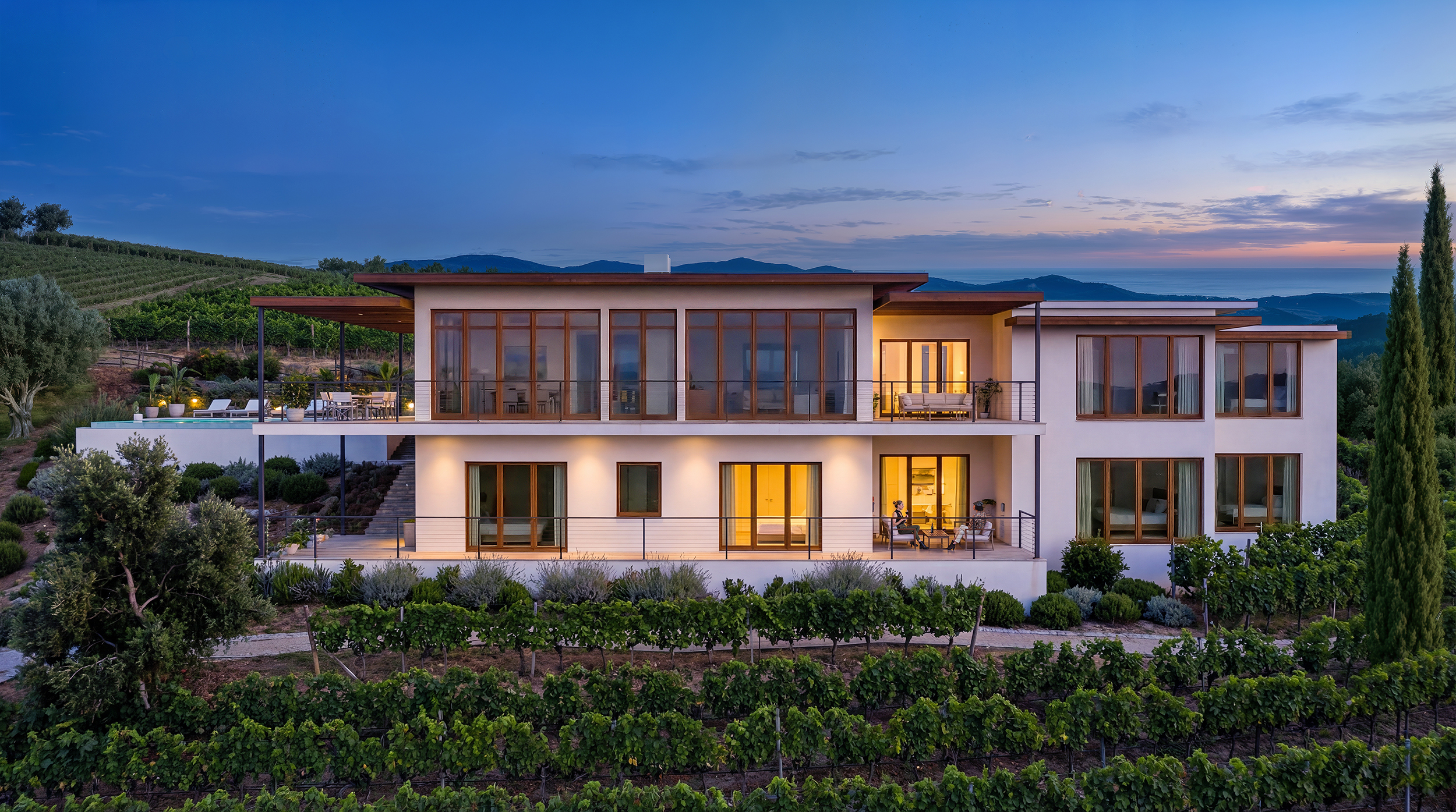 Luxury vineyard residence architectural visualization at sunset surrounded by vineyards and hills