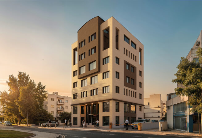 Office building architectural visualization in Nicosia Cyprus showing modern commercial architecture in an urban environment.