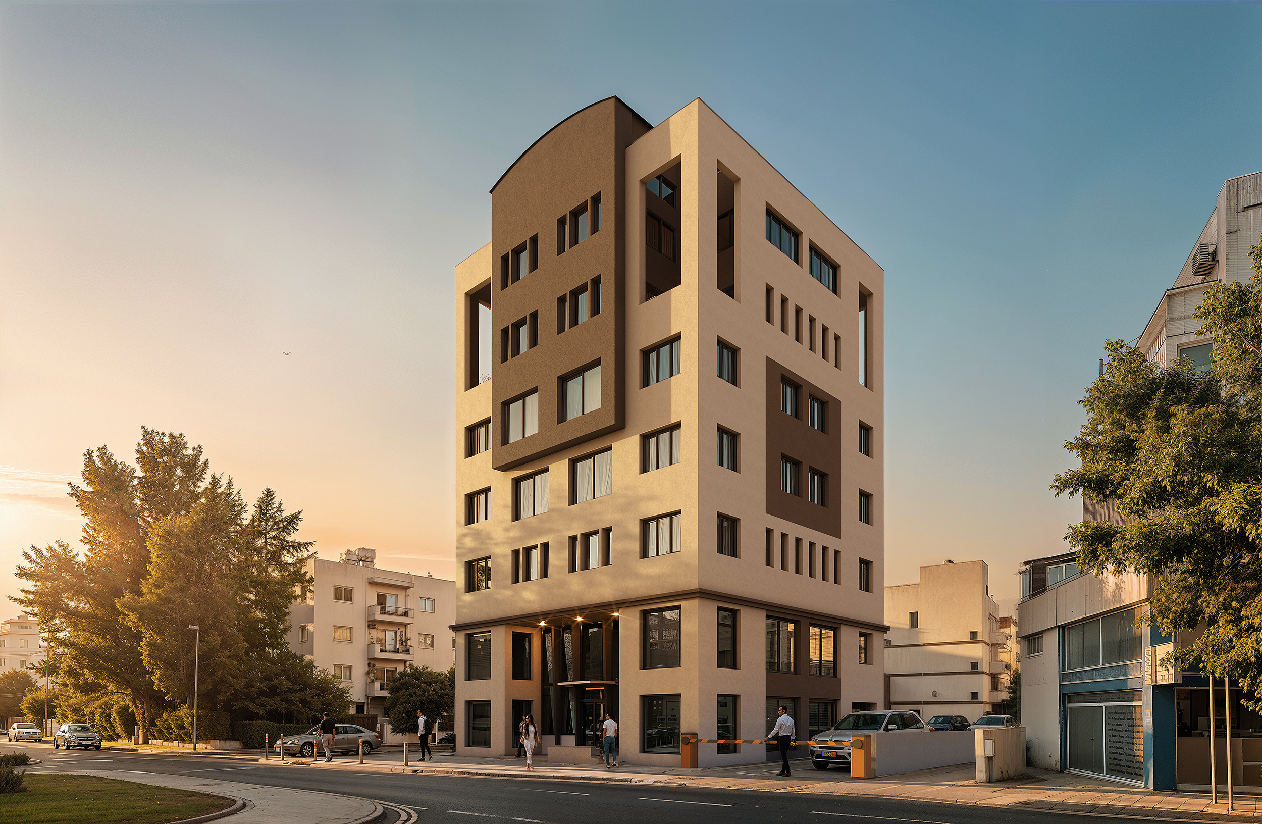Office building architectural visualization in Nicosia Cyprus showing modern commercial architecture in an urban environment.