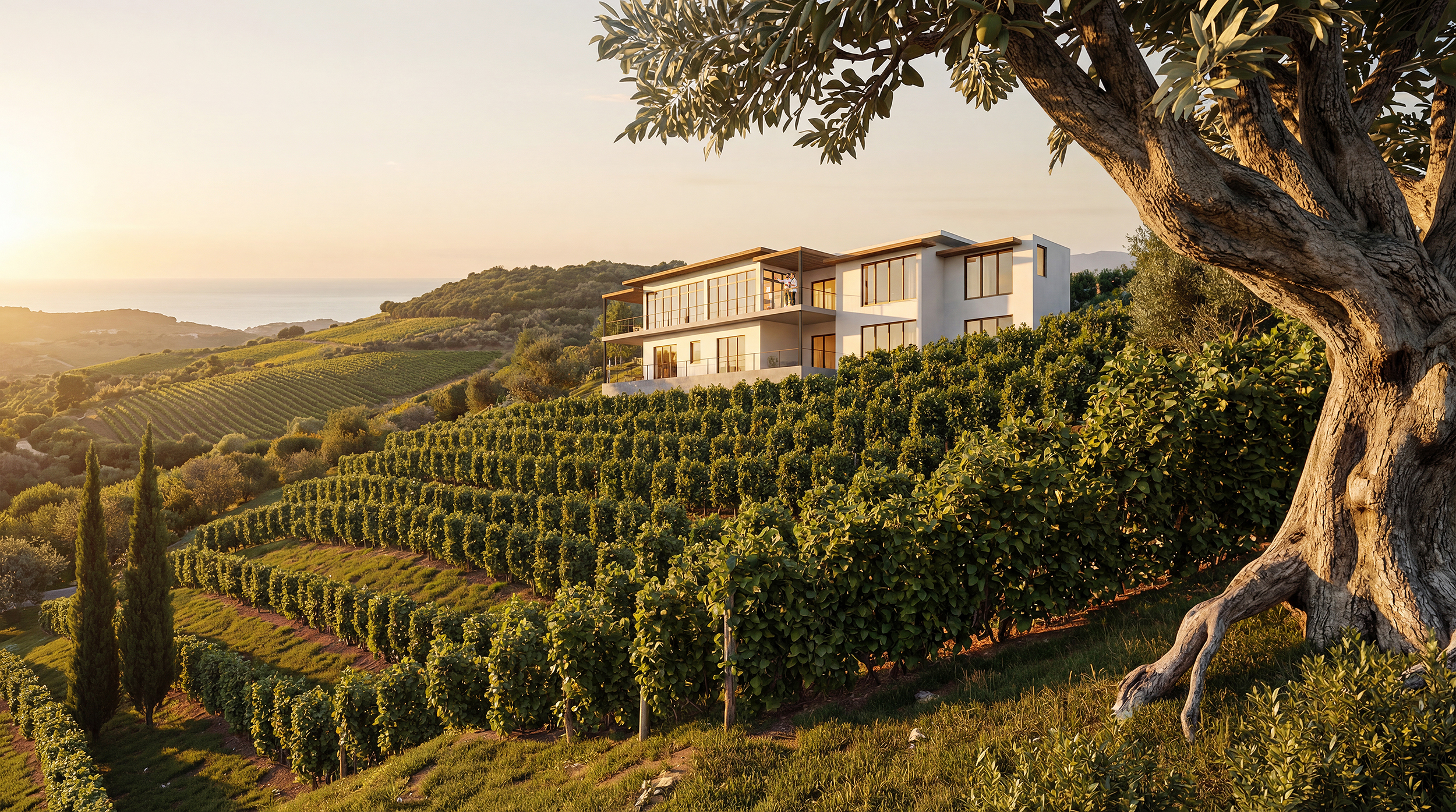Mediterranean vineyard landscape with luxury villa architectural visualization at golden hour