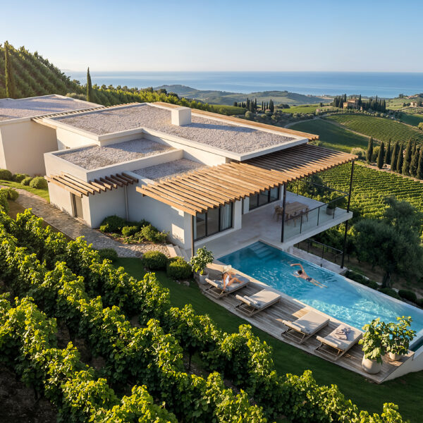 Luxury vineyard villa aerial architectural visualization with infinity pool and panoramic landscape